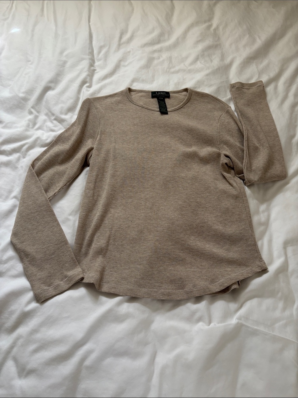 Lauren Ralph Lauren waffle weaveNeutral Long Sleeve Crewneck Top